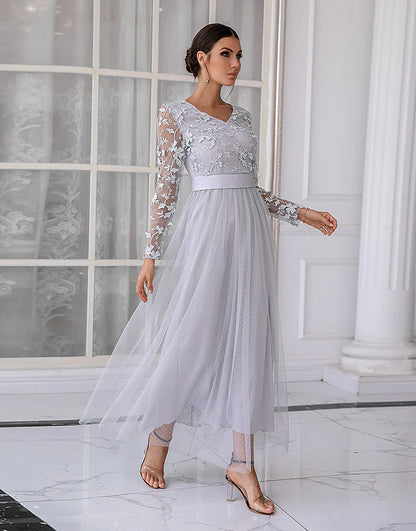 Grey Tulle V-neck Long Sleeve Tulle Lace Formal Mother Dress