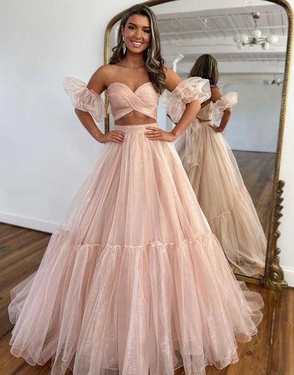 A Line Off The Shoulder Two Pieces Long Prom Dress