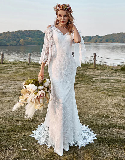 Lace Cold Shoulder Mermaid Cape Sleeves Boho Wedding Dress