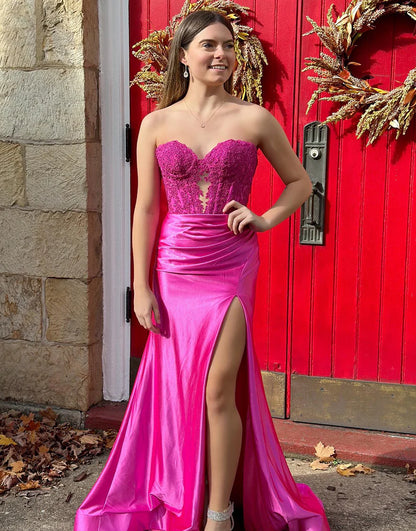 Mermaid Off The Shoulder Floral Satin Long Prom Dress with Slit
