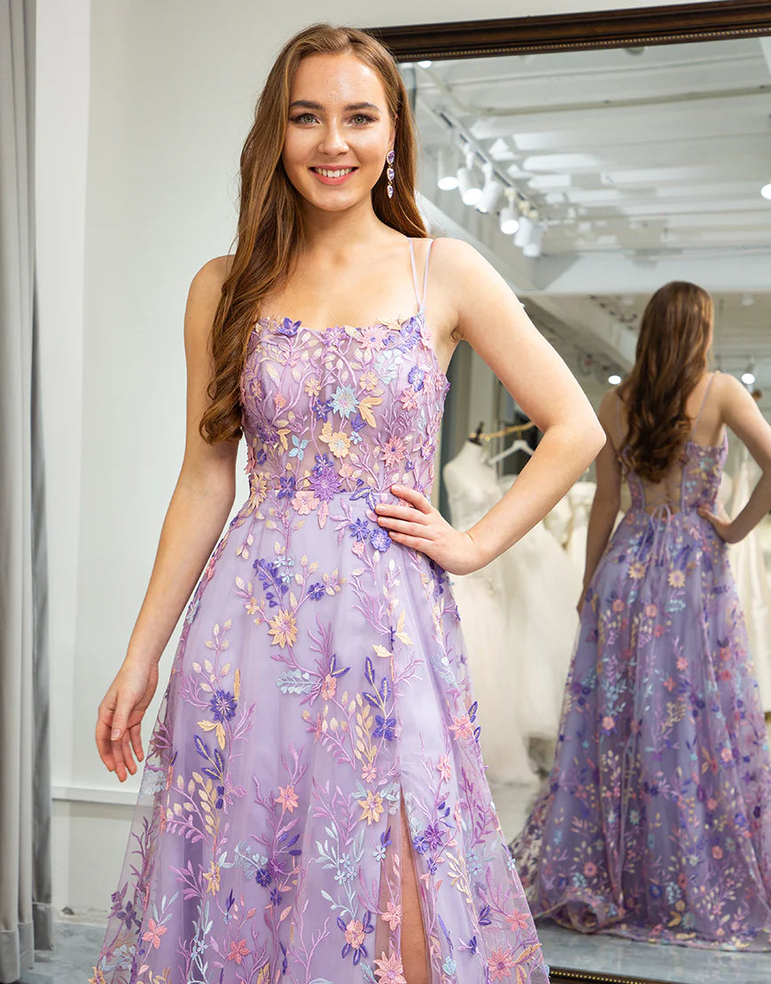 A Line Spaghetti Strap Appliqued Long Prom Dress With Slit