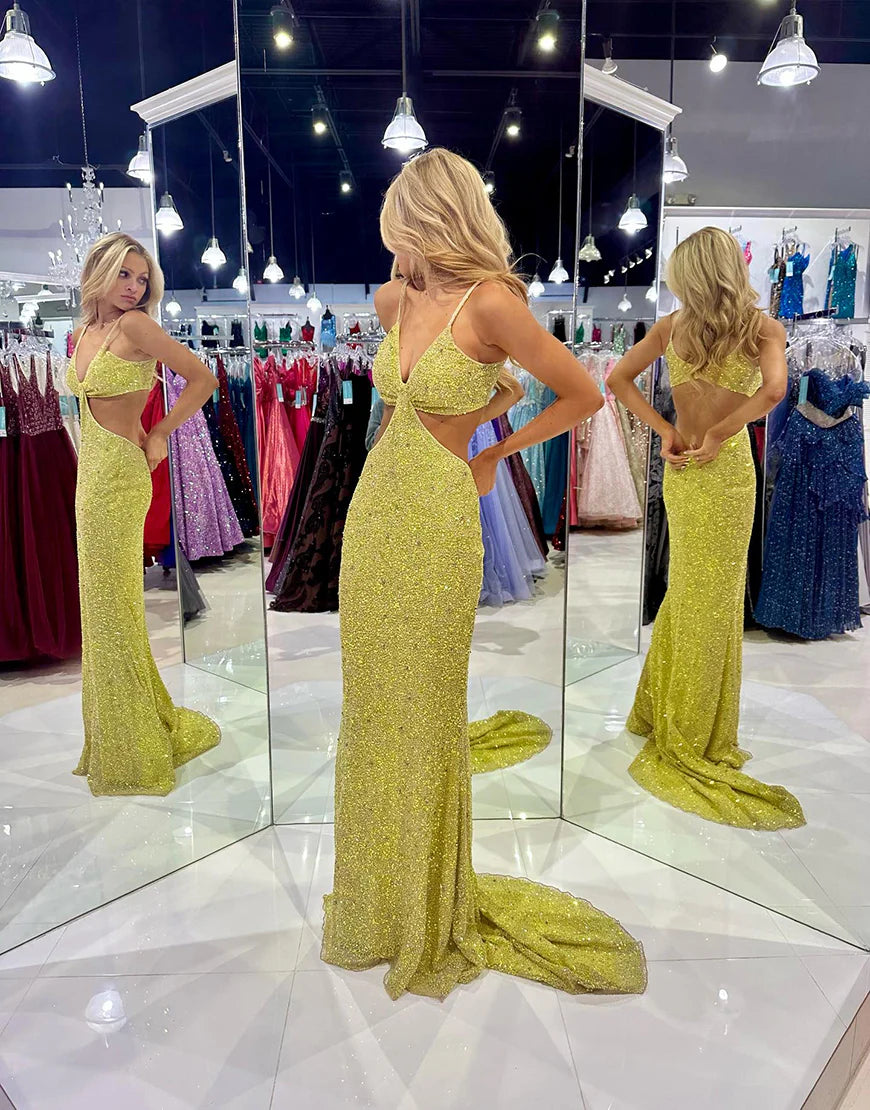 Sequined Deep V Neck Cut Out Long Prom Dress