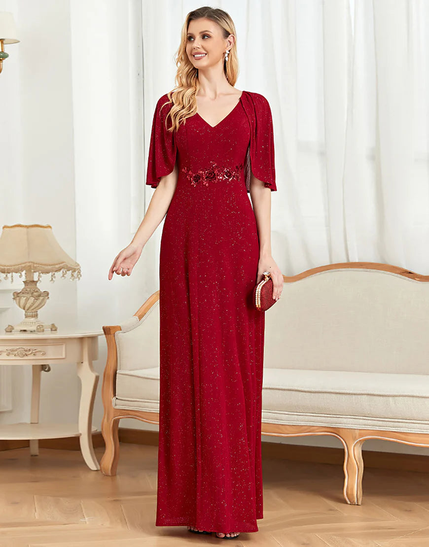 Glitter V-Neck Burgundy Mother of the Bride Dress with Cape