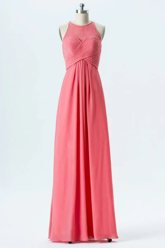 Coral Pink Chiffon Round neck Sleeveless Backless Bridesmaid Dress