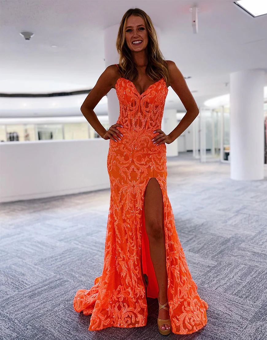 V-neck Glitter Slit Prom Dress