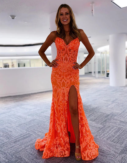 V-neck Glitter Slit Prom Dress