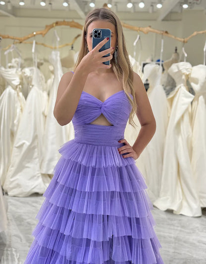 Tulle A Line Long Tiered Prom Dress With Front Slit