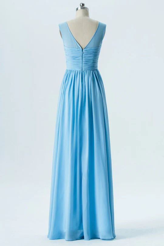 Blue Chiffon Round neck Sweetheart Pleats Backless Bridesmaid Dress