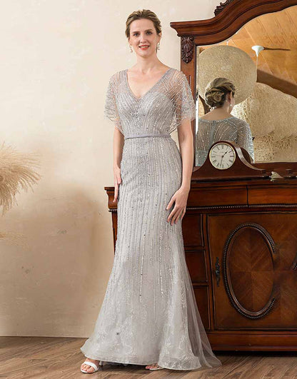 Beading V-neck Glitter Mermaid Mother of Bride Dress