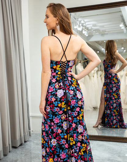 Flower Mermaid Spaghetti Straps Embroidered Prom Dress With Slit