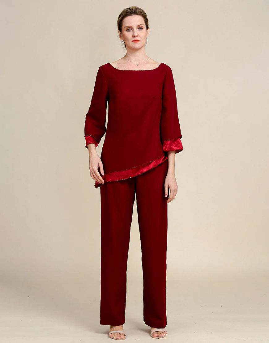 Burgundy Long Sleeves 2 Piece Mother of the Bride Pant Suits