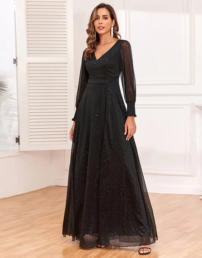 A-Line Long Sleeves Black Mother of The Bride Dress with Slit
