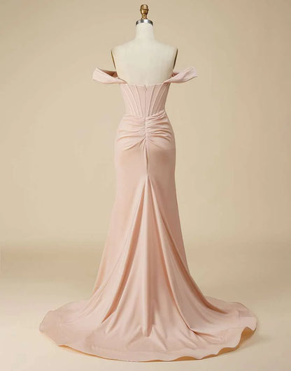 Off the Shoulder Satin Side Slit Long Prom Dress
