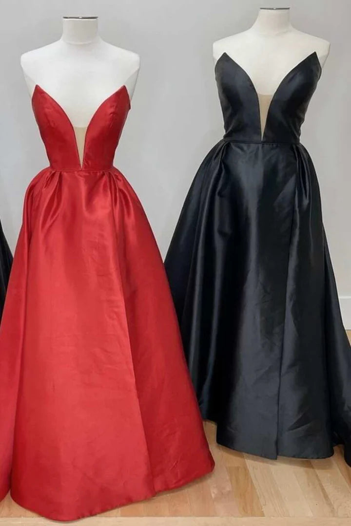 Satin V-Neck Strapless A-Line Prom Dress