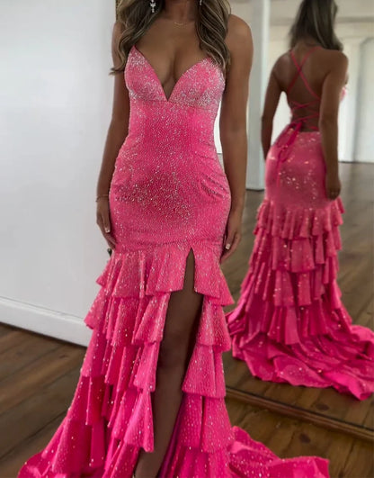 Captivating Fuchsia High Slit Glittering Prom Dress