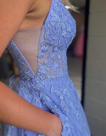 A Line Tulle Long Prom Dress With Appliques