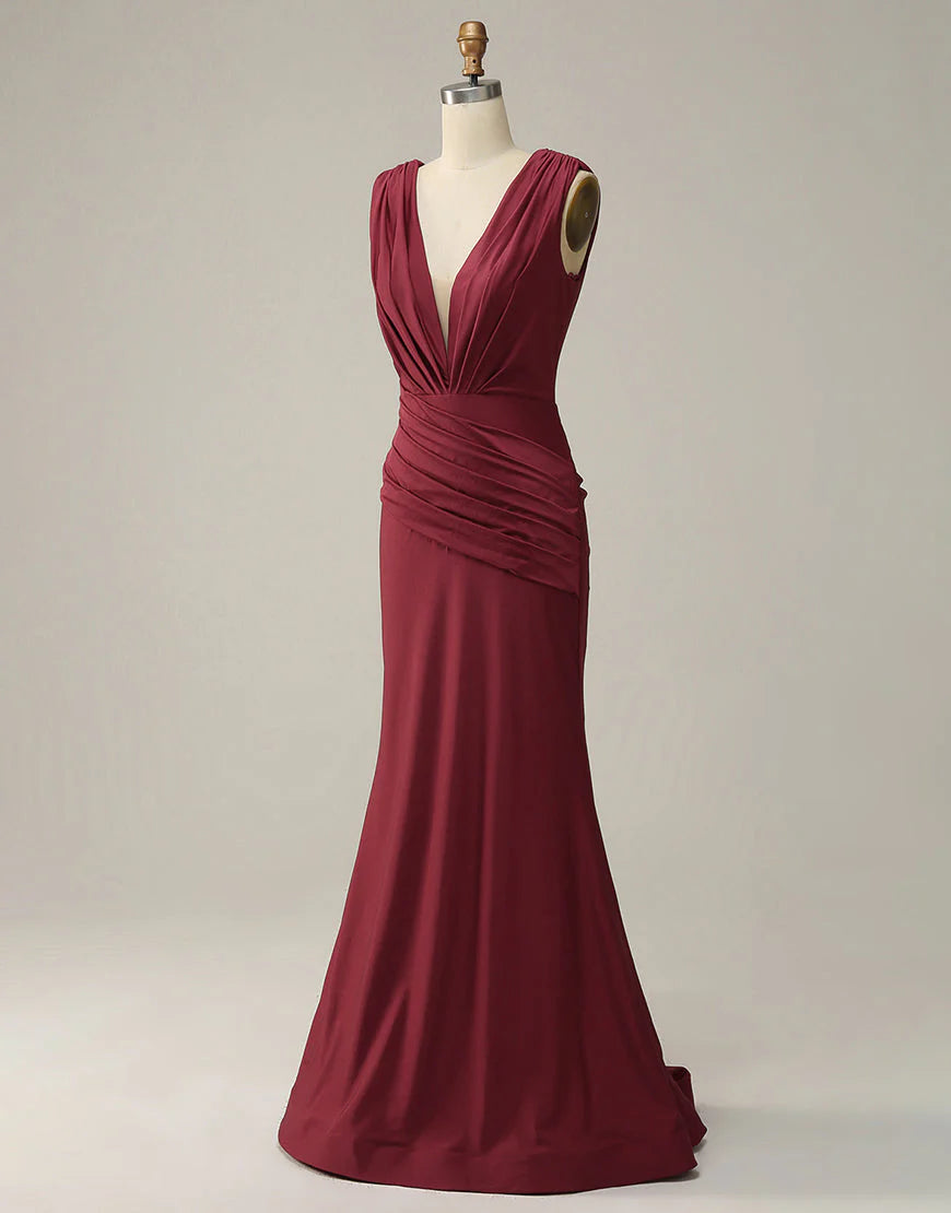 Mermaid Deep V Neck Burgundy Sleeveless Long Prom Dress