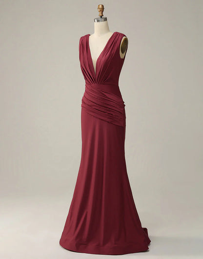 Mermaid Deep V Neck Burgundy Sleeveless Long Prom Dress