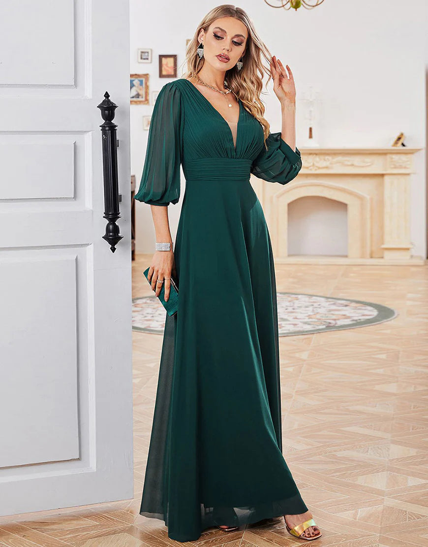 A-line Long Sleeves V-neck Mother of Bride Dress