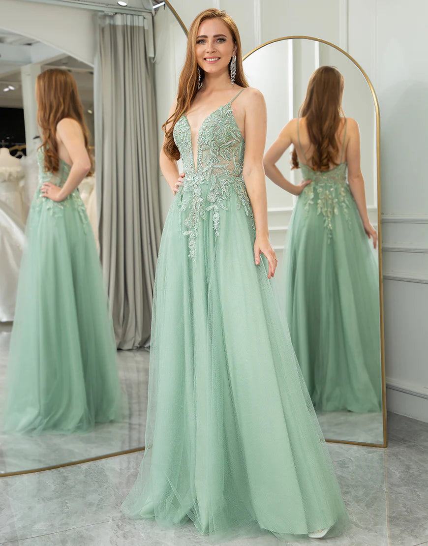 A Line Tulle Long Prom Dress With Appliques