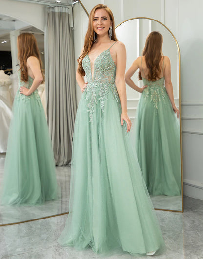 A Line Tulle Long Prom Dress With Appliques