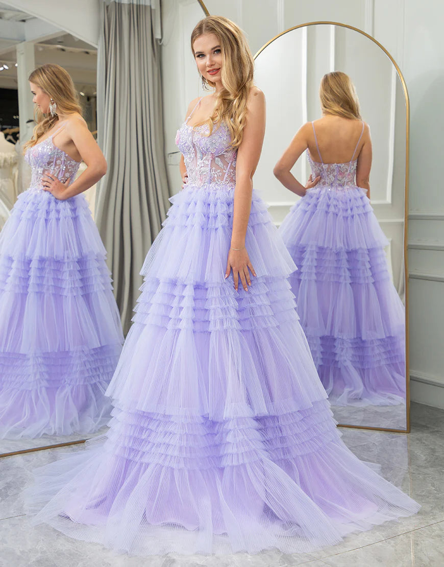 A Line Tiered Tulle Long Prom Dress With Beaded Flower Appliques
