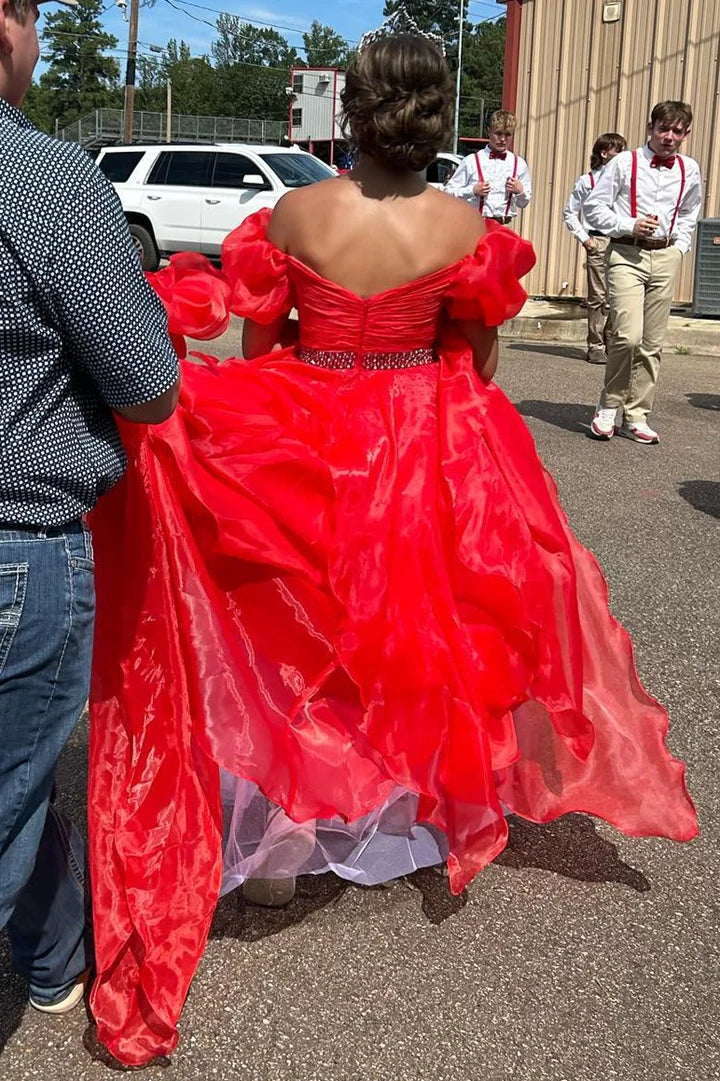 Off-the-Shoulder Puff Sleeve Multi-Layer Long Prom Dress