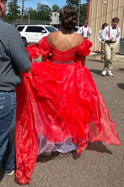 Off-the-Shoulder Puff Sleeve Multi-Layer Long Prom Dress