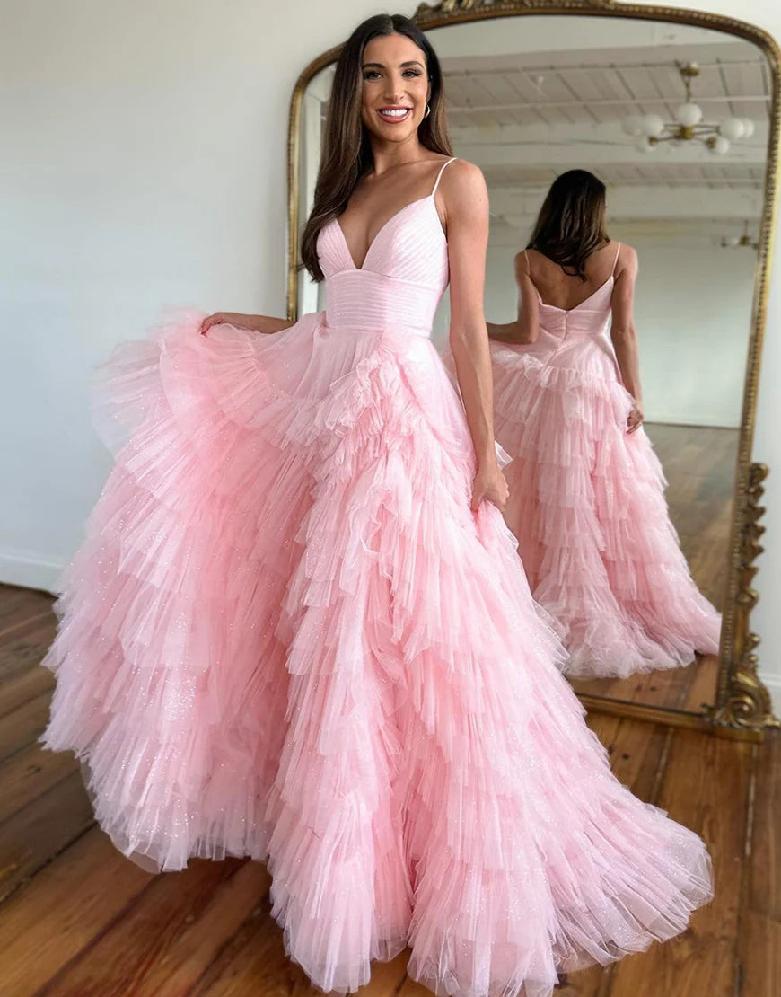 Apricot A-Line V Neck Tiered Long Prom Dress With Slit