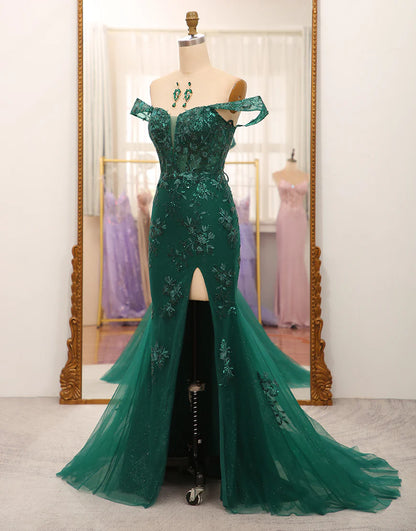 Stylish Mermaid Off the Shoulder Dark Green Corset Prom Dress with Split Front