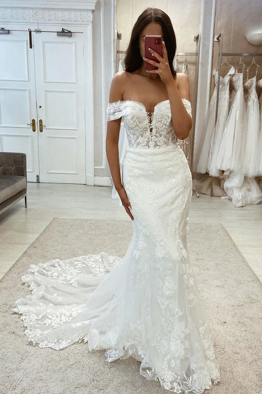 Elegant Mermaid Off the Shoulder V-Neck Lace Wedding Dresses with Appliques