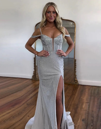 Sparkly Grey Beaded Mermaid Long Prom Dress With Slit