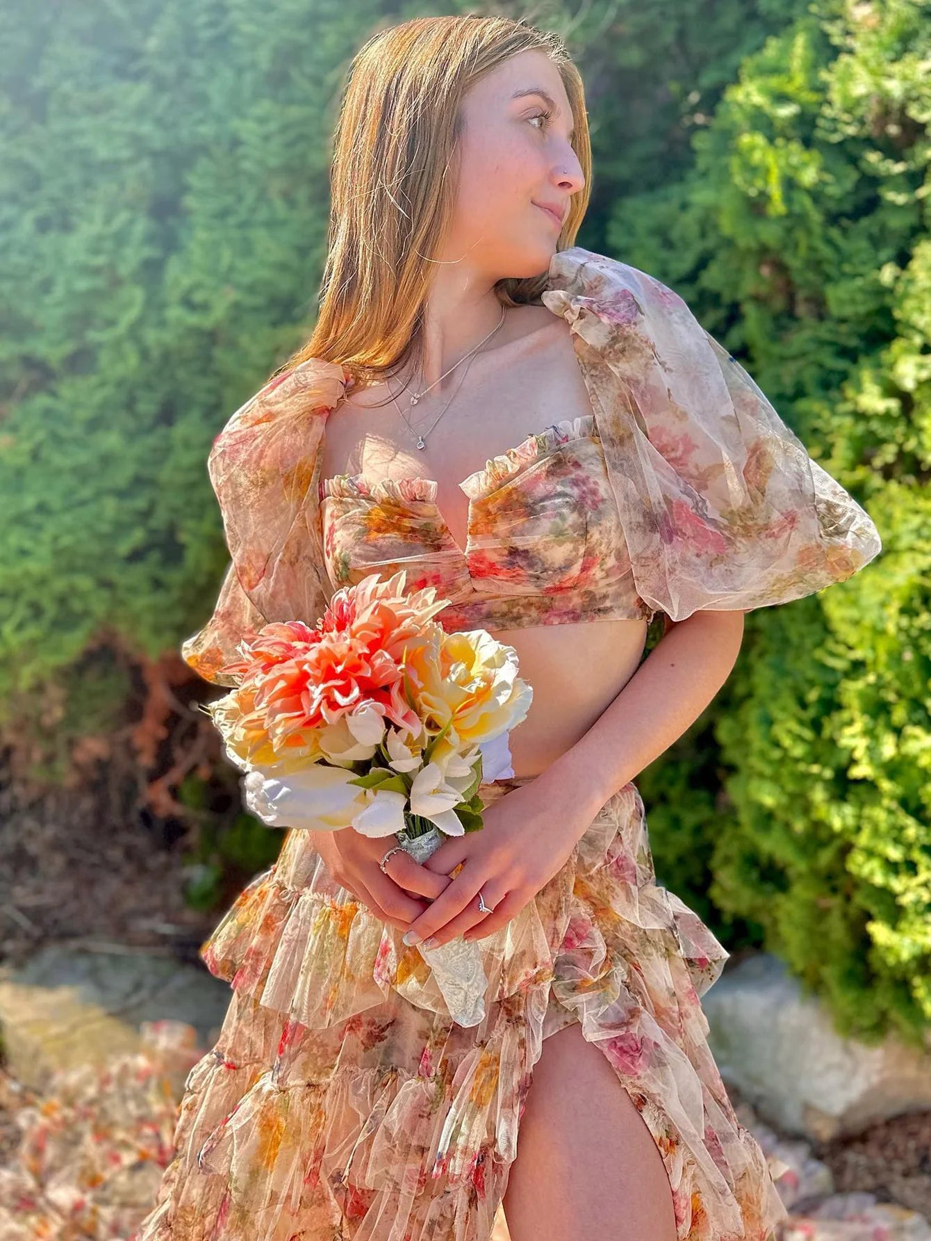 Square Neck A Line 2 Piece Flower Long Prom Dress