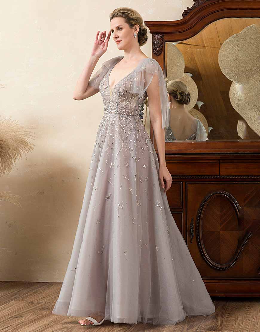 Grey A Line Beading Glitter Mother of Bride Dress