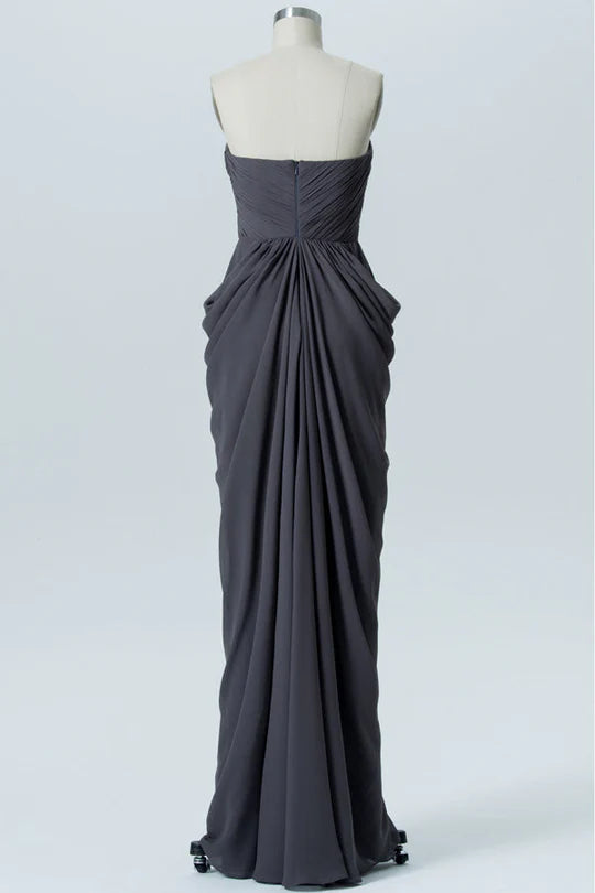 Charcoal Grey Chiffon Strapless Off-the-Shoulder Sheath Long Bridesmaid Dress