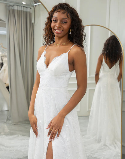 A Line V-Neck Lace Appliqued Wedding Dress