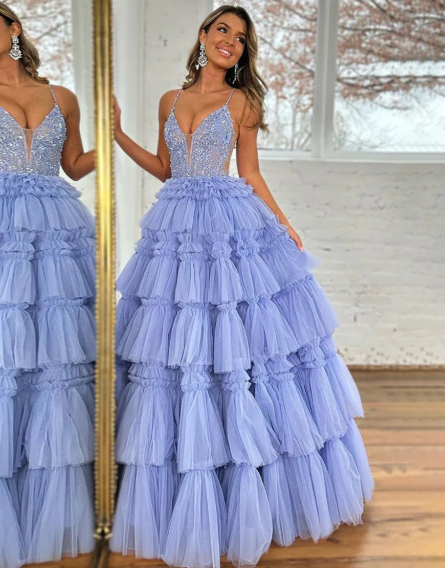 Sparkly Lilac Beaded Long Tiered Prom Dress with Slit