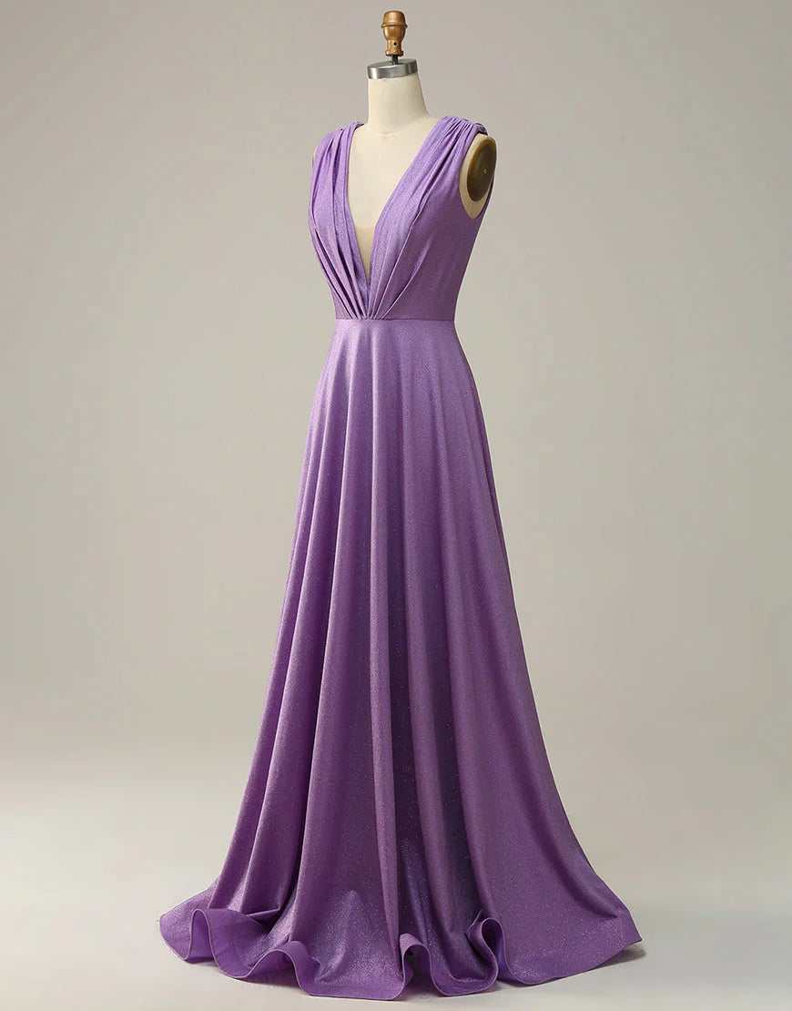 A Line Deep V Neck Purple Sleeveless Long Prom Dress