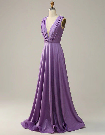 A Line Deep V Neck Purple Sleeveless Long Prom Dress