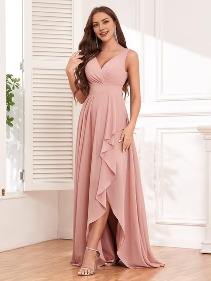 Elegant V Neck Chiffon Ruched Side Fork Long Bridesmaid Dresses Wedding Guests Dresses