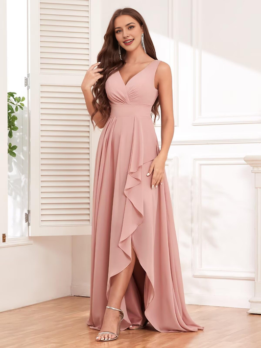 Elegant V Neck Chiffon Ruched Side Fork Long Bridesmaid Dresses Wedding Guests Dresses