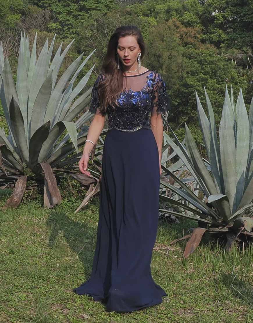 Navy Appliques Sequin Mother of Bride Dress