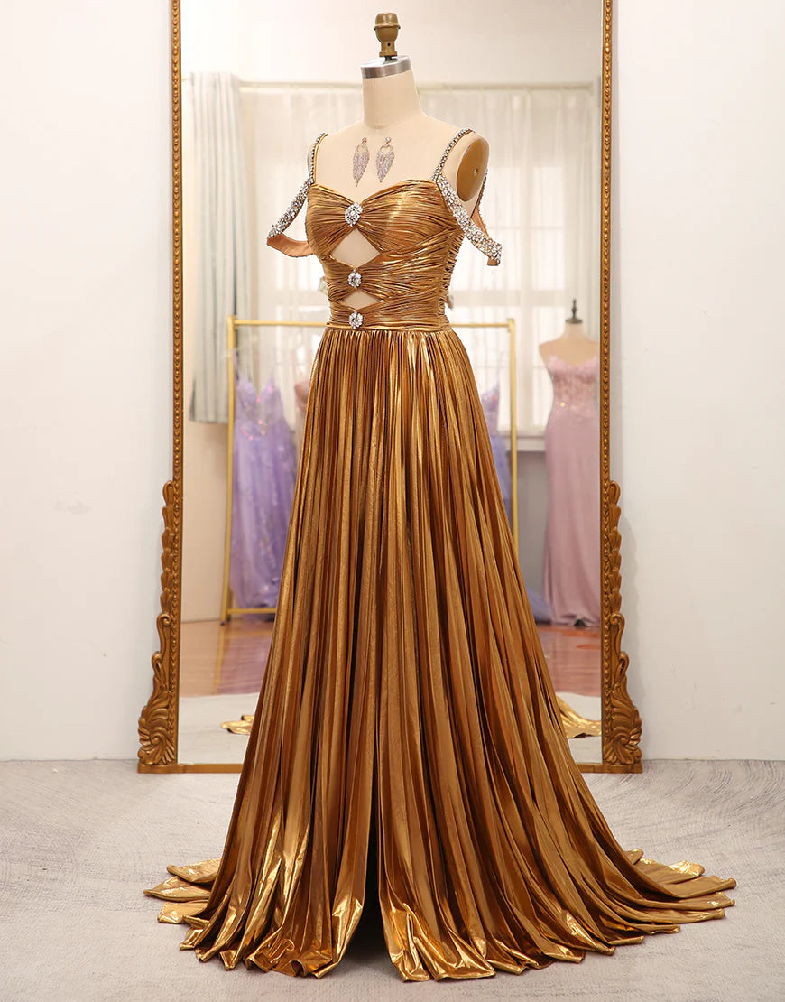 Stunning A Line Off the Shoulder Gold Long Prom Dress with Keyhole