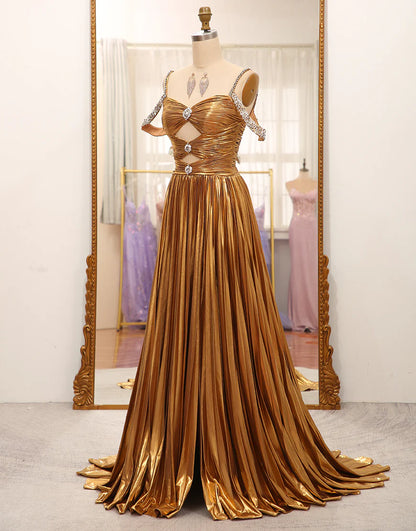 Stunning A Line Off the Shoulder Gold Long Prom Dress with Keyhole