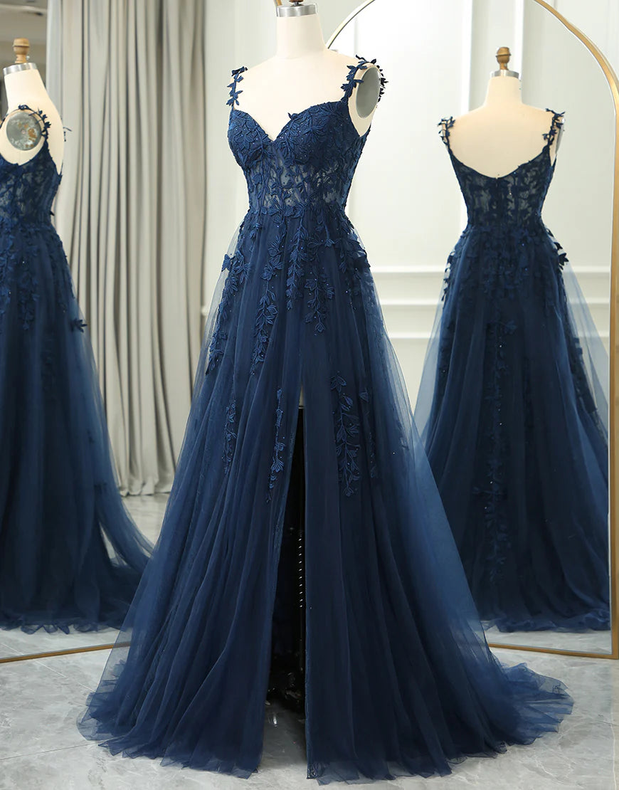 A Line Spaghetti Straps Long Prom Dress With Appliques