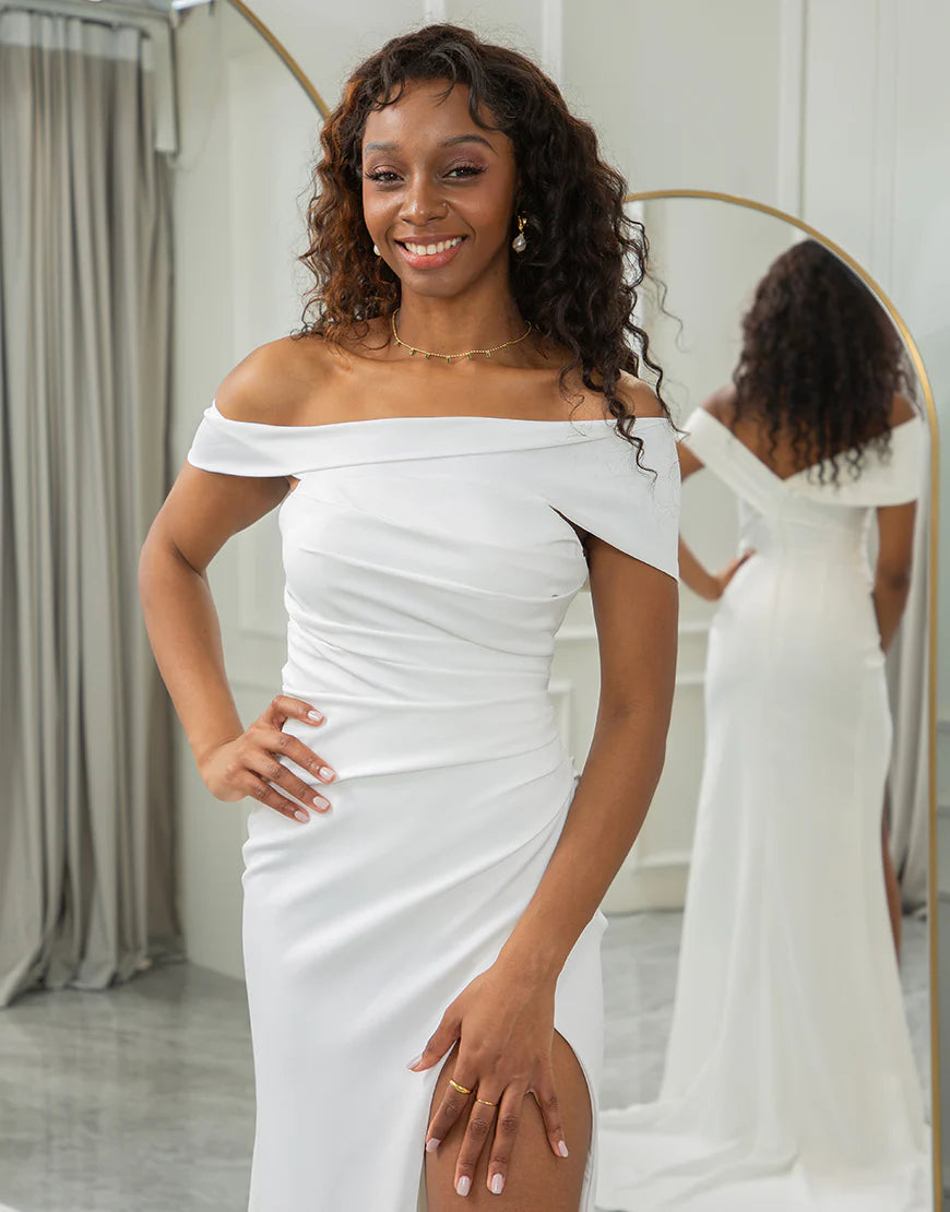 Off The Shoulder Draped Wedding Dress with Slit