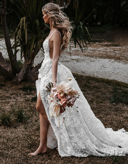 Lace Beach Wedding Dress with Split
