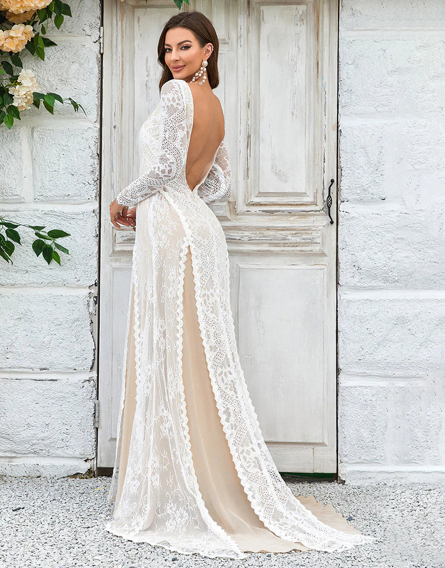 Champagne Long Sleeves Lace Sweep Train Wedding Dress