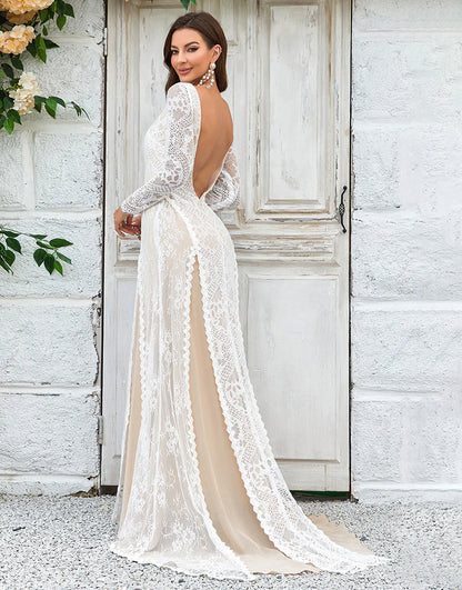 Champagne Long Sleeves Lace Sweep Train Wedding Dress
