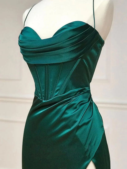 Dark Green Halter Corset Sheath Long Prom Dress With Slit